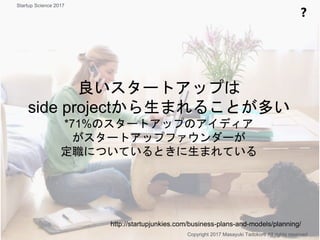良いスタートアップは
side projectから生まれることが多い
*71%のスタートアップのアイディア
がスタートアップファウンダーが
定職についているときに生まれている
❓
Copyright 2017 Masayuki Tadokoro All rights reserved
Startup Science 2017
http://startupjunkies.com/business-plans-and-models/planning/
 