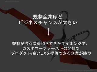 規制産業ほど
ビジネスチャンスが大きい
規制が徐々に緩和さてきたタイミングで、
カスタマーファーストの発想で
プロダクト/良いUXを提供できる企業が勝つ
Copyright 2017 Masayuki Tadokoro All rights reserved
Startup Science 2017
 