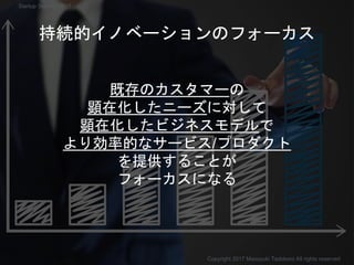 既存のカスタマーの
顕在化したニーズに対して
顕在化したビジネスモデルで
より効率的なサービス/プロダクト
を提供することが
フォーカスになる
持続的イノベーションのフォーカス
Copyright 2017 Masayuki Tadokoro All rights reserved
Startup Science 2017
 