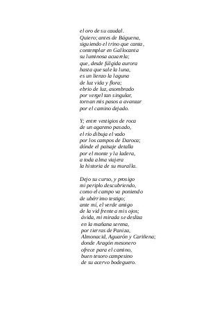 el oro de su caudal.
Quiero; antes de Báguena,
siguiendo el trino que canta,
contemplar en Gallocanta
su luminosa acuarela;
que, desde fúlgida aurora
hasta que sale la luna,
es un lienzo la laguna
de luz vida y flora;
ebrio de luz, asombrado
por vergel tan singular,
tornan mis pasos a avanzar
por el camino dejado.
Y; entre vestigios de roca
de un agareno pasado,
el río dibuja el vado
por los campos de Daroca;
dónde el paisaje detalla
por el monte y la ladera,
a toda alma viajera
la historia de su muralla.
Dejo su curso, y prosigo
mi periplo descubriendo,
como el campo va poniendo
de ubérrimo testigo;
ante mí, el verde amigo
de la vid frente a mis ojos;
ávida, mi mirada se desliza
en la mañana serena,
por tierras de Paniza,
Almonacid, Aguarón y Cariñena;
donde Aragón mesonero
ofrece para el camino,
buen tesoro campesino
de su acervo bodeguero.
 