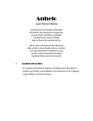 Anhelo<br />Juan Ramón Molina<br />¡Viviese yo en los tiempos esforzadosde amores, de conquistas y de guerras,en que frailes, bandidos y soldadosa través de los mares irritadosiban en busca de remotas tierras.No en esta triste edad en que desmayatodo anhelo –encumbrado como un monte–y en que poniendo mi ambición a rayaherido y solo me quedé en la playaviendo el límite azul del horizonte!<br />      Análisis biográfico<br />En el poema Juan Ramón molinas, no hablas como bien dice su nombre sus anhelo, y que debido a circunstancias no lo a logrado, y aquí refleja su inmensa tristeza. <br /> <br />