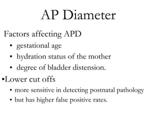 AP Diameter  Factors affecting APD  gestational age  hydration status of the mother degree of bladder distension.  Lower cut offs  more sensitive in detecting postnatal pathology  but has higher false positive rates. 