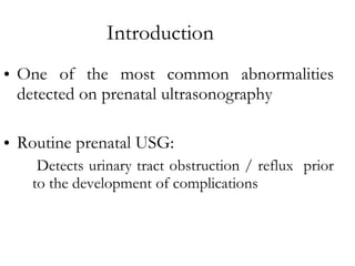 Introduction One of the most common abnormalities detected on prenatal ultrasonography Routine prenatal USG:  Detects urinary tract obstruction / reflux  prior to the development of complications 