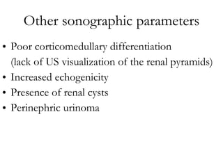 Other sonographic parameters Poor corticomedullary differentiation  (lack of US visualization of the renal pyramids) Increased echogenicity  Presence of renal cysts  Perinephric urinoma  