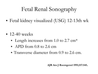 Fetal Renal Sonography Fetal kidney visualized (USG) 12-13th wk 12-40 weeks Length increases from 1.0 to 2.7 cm* APD from 0.8 to 2.6 cm Transverse diameter from 0.9 to 2.6 cm. AJR Am J Roentgenol 1991;157:545 . 