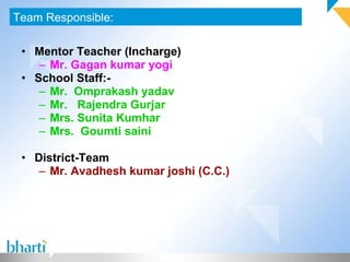 Mentor Teacher (Incharge) Mr. Gagan kumar yogi School Staff:- Mr.  Omprakash yadav Mr.  Rajendra Gurjar  Mrs. Sunita Kumhar Mrs.  Goumti saini District-Team  Mr. Avadhesh kumar joshi (C.C.) Team Responsible: 