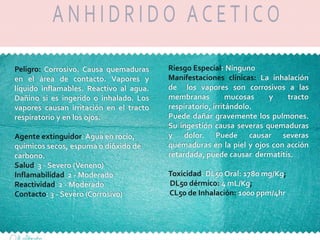 Peligro: Corrosivo. Causa quemaduras
en el área de contacto. Vapores y
líquido inflamables. Reactivo al agua.
Dañino si es ingerido o inhalado. Los
vapores causan irritación en el tracto
respiratorio y en los ojos.

Agente extinguidor: Agua en rocío,
químicos secos, espuma o dióxido de
carbono.
Salud: 3 - Severo (Veneno)
Inflamabilidad: 2 - Moderado
Reactividad: 2 - Moderado
Contacto: 3 - Severo (Corrosivo)

Riesgo Especial: Ninguno
Manifestaciones clínicas: La inhalación
de los vapores son corrosivos a las
membranas
mucosas
y
tracto
respiratorio, irritándolo.
Puede dañar gravemente los pulmones.
Su ingestión causa severas quemaduras
y dolor. Puede causar severas
quemaduras en la piel y ojos con acción
retardada, puede causar dermatitis.
Toxicidad: DL50 Oral: 1780 mg/Kg;
DL50 dérmico: 4 mL/Kg;
CL50 de Inhalación: 1000 ppm/4hr

 