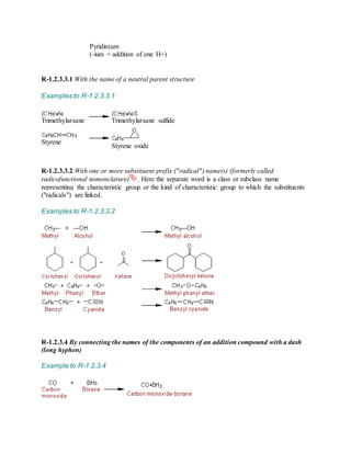 Pyridinium
(-ium = addition of one H+)
R-1.2.3.3.1 With the name of a neutral parent structure
Examples to R-1.2.3.3.1
Trimethylarsane Trimethylarsane sulfide
Styrene
Styrene oxide
R-1.2.3.3.2 With one or more substituent prefix ("radical") name(s) (formerly called
radicofunctional nomenclature) . Here the separate word is a class or subclass name
representing the characteristic group or the kind of characteristic group to which the substituents
("radicals") are linked.
Examples to R-1.2.3.3.2
R-1.2.3.4 By connecting the names of the components of an addition compound with a dash
(long hyphen)
Example to R-1.2.3.4
 