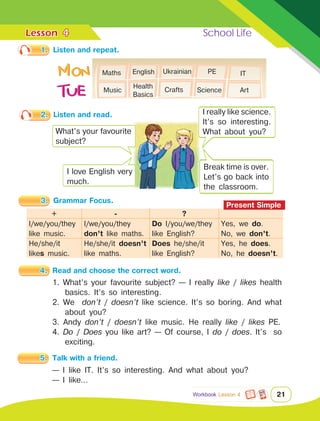 Lesson	 School Life
21
4
3.	 Grammar Focus.
Workbook Lesson 4
4.	 Read and choose the correct word.
Maths English Ukrainian PE IT
Art
Music
Health
Basics
Science
What’s your favourite
subject?
I really like science.
It’s so interesting.
What about you?
I love English very
much.
Break time is over.
Let’s go back into
the classroom.
+ - ?
I/we/you/they
like music.
I/we/you/they
don’t like maths.
Do I/you/we/they
like English?
Yes, we do.
No, we don’t.
He/she/it
likes music.
He/she/it doesn’t
like maths.
Does he/she/it
like English?
Yes, he does.
No, he doesn’t.
1. What’s your favourite subject? — I really like / likes health
basics. It’s so interesting.
2. We don’t / doesn’t like science. It’s so boring. And what
about you?
3. Andy don’t / doesn’t like music. He really like / likes PE.
4. Do / Does you like art? — Of course, I do / does. It’s so
exciting.
5.	 Talk with a friend.
— I like IT. It’s so interesting. And what about you?
— I like…
Present Simple
Crafts
1.	 Listen and repeat.
2.	 Listen and read.
 