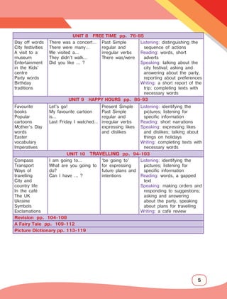 5
UNIT 8 FREE TIME pp. 76-85
Day off words
City festivities
A visit to a
museum
Entertainment
in the Kids’
centre
Party words
Birthday
traditions
There was a concert…
There were many…
We visited a…
They didn’t walk…
Did you like … ?
Past Simple
regular and
irregular verbs
There was/were
Listening: distinguishing the
sequence of actions
Reading: words, short
adverts
Speaking: talking about the
city festival; asking and
answering about the party,
reporting about preferences
Writing: a short report of the
trip; completing texts with
necessary words
UNIT 9 HAPPY HOURS pp. 86-93
Favourite
books
Popular
cartoons
Mother’s Day
words
Easter
vocabulary
Imperatives
Let’s go!
My favourite cartoon
is…
Last Friday I watched…
Present Simple
Past Simple
regular and
irregular verbs
expressing likes
and dislikes
Listening: identifying the
pictures; listening for
specific information
Reading: short narrations
Speaking: expressing likes
and dislikes; talking about
things on holidays
Writing: completing texts with
necessary words
UNIT 10 TRAVELLING pp. 94-103
Compass
Transport
Ways of
travelling
City and
country life
In the cafå
The UK
Ukraine
Symbols
Exclamations
I am going to…
What are you going to
do?
Can I have … ?
‘be going to’
for expressing
future plans and
intentions
Listening: identifying the
pictures; listening for
specific information
Reading: words, a gapped
text
Speaking: making orders and
responding to suggestions;
asking and answering
about the party, speaking
about plans for travelling
Writing: a cafå review
Revision pp. 104-108
A Fairy Tale pp. 109-112
Picture Dictionary pp. 113-119
 