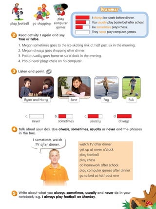 watch TV after dinner
get up at seven o’clock
play football
play chess
do homework after school
play computer games after dinner
go to bed at half past nine
Grammar
Grammar
I always ice-skate before dinner.
You usually play basketball after school.
He sometimes plays chess.
They never play computer games.
1. Megan sometimes goes to the ice-skating rink at half past six in the morning.
2. Megan always goes shopping after dinner.
3. Pablo usually goes home at six o’clock in the evening.
4. Pablo never plays chess on his computer.
13
I sometimes watch
TV after dinner.
play football go shopping
a. b. c. d.
never sometimes usually always
Talk about your day. Use always, sometimes, usually or never and the phrases
in the box.
4
Read activity 1 again and say
True or False.
2
Listen and point.
3
Ryan and Harry Jane Fay Rob
Write about what you always, sometimes, usually and never do in your
notebook, e.g. I always play football on Monday.
5
play
computer
games
 