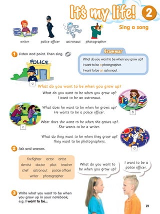 Sing a song
It’
s my life!
It’
s my life! 2
What do you want to
be when you grow up?
I want to be a
police officer.
21
writer police officer astronaut photographer
firefighter actor artist
dentist doctor pilot teacher
chef astronaut police officer
writer photographer
What do you want to be when you grow up?
What do you want to be when you grow up?
I want to be an astronaut.
What does he want to be when he grows up?
He wants to be a police officer.
What does she want to be when she grows up?
She wants to be a writer.
What do they want to be when they grow up?
They want to be photographers.
Grammar
Grammar
What do you want to be when you grow up?
I want to be a photographer.
I want to be an astronaut.
Listen and point. Then sing.
1
Ask and answer.
2
Write what you want to be when
you grow up in your notebook,
e.g. I want to be...
3
a
c
d
b
 