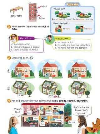25
coffee table


below
above
Grammar
Grammar
Where’s Ron?
Ron is inside his house.	 Ron is outside his house.
Ron
Ron
Where’s the book?
It’s here. It’s there.
a. She lives in a flat.
b. Her home has got a garage.
c. Spark is outside his house.
About Karen...
1
2
a. He lives in a flat.
b	 His uncle and aunt live below him.
c. His home has got one bedroom.
About Chad...
2
Where’s
Tina?
She’s inside the
house. She’s
upstairs.
Tina
Dexter
John
Tom
Sandy
Laura
a c
b c
a
1
b
Read activity 1 again and say True or
False.
2
Listen and point.
3
Ask and answer with your partner. Use inside, outside, upstairs, downstairs.
4
 
