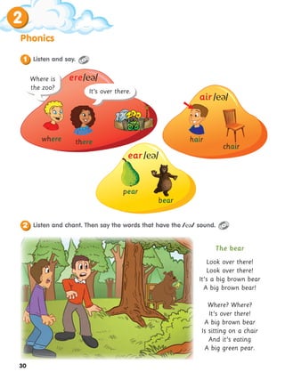2
30
Phonics
The bear
Look over there!
Look over there!
It’s a big brown bear
A big brown bear!
Where? Where?
It’s over there!
A big brown bear
Is sitting on a chair
And it’s eating
A big green pear.
where there hair
chair
bear
pear
Where is
the zoo?
It’s over there.
ere//
air //
ear//
Listen and say.
1
Listen and chant. Then say the words that have the // sound.
2

 