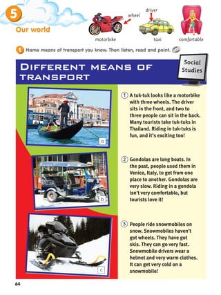 5
64
Our world
Name means of transport you know. Then listen, read and point.
1
motorbike
wheel
driver
taxi
A tuk-tuk looks like a motorbike
with three wheels. The driver
sits in the front, and two to
three people can sit in the back.
Many tourists take tuk-tuks in
Thailand. Riding in tuk-tuks is
fun, and it’s exciting too!
1
People ride snowmobiles on
snow. Snowmobiles haven’t
got wheels. They have got
skis. They can go very fast.
Snowmobile drivers wear a
helmet and very warm clothes.
It can get very cold on a
snowmobile!
3
Different means of
Different means of
transport
transport
a
b
c
comfortable

2 Gondolas are long boats. In
the past, people used them in
Venice, Italy, to get from one
place to another. Gondolas are
very slow. Riding in a gondola
isn’t very comfortable, but
tourists love it!
Social
Studies

 