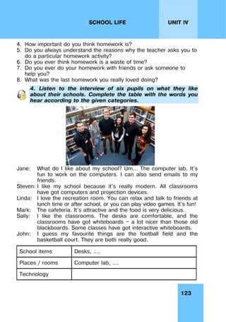 123
UNIT IV
SCHOOL LIFE
4. How important do you think homework is?
5. Do you always understand the reasons why the teacher asks you to
do a particular homework activity?
6. Do you ever think homework is a waste of time?
7. Do you ever do your homework with friends or ask someone to
help you?
8. What was the last homework you really loved doing?
4. Listen to the interview of six pupils on what they like
about their schools. Complete the table with the words you
hear according to the given categories.
Jane: What do I like about my school? Um... The computer lab. It’s
fun to work on the computers. I can also send emails to my
friends.
Steven: I like my school because it’s really modern. All classrooms
have got computers and projection devices.
Linda: I love the recreation room. You can relax and talk to friends at
lunch time or after school, or you can play video games. It’s fun!
Mark: The cafeteria. It’s attractive and the food is very delicious.
Sally: I like the classrooms. The desks are comfortable, and the
classrooms have got whiteboards — a lot nicer than those old
blackboards. Some classes have got interactive whiteboards.
John: I guess my favourite things are the football field and the
basketball court. They are both really good.
School items Desks, ….
Places / rooms Computer lab, ….
Technology
 