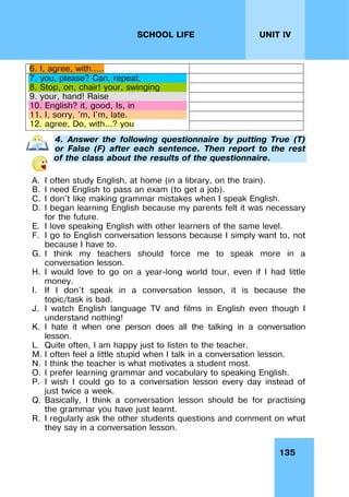 135
UNIT IV
SCHOOL LIFE
6. I, agree, with…..
7. you, please? Can, repeat,
8. Stop, on, chair! your, swinging
9. your, hand! Raise
10. English? it, good, Is, in
11. I, sorry, 'm, I'm, late.
12. agree, Do, with...? you
4. Answer the following questionnaire by putting True (T)
or False (F) after each sentence. Then report to the rest
of the class about the results of the questionnaire.
A. I often study English, at home (in a library, on the train).
B. I need English to pass an exam (to get a job).
C. I don't like making grammar mistakes when I speak English.
D. I began learning English because my parents felt it was necessary
for the future.
E. I love speaking English with other learners of the same level.
F. I go to English conversation lessons because I simply want to, not
because I have to.
G. I think my teachers should force me to speak more in a
conversation lesson.
H. I would love to go on a year-long world tour, even if I had little
money.
I. If I don't speak in a conversation lesson, it is because the
topic/task is bad.
J. I watch English language TV and films in English even though I
understand nothing!
K. I hate it when one person does all the talking in a conversation
lesson.
L. Quite often, I am happy just to listen to the teacher.
M. I often feel a little stupid when I talk in a conversation lesson.
N. I think the teacher is what motivates a student most.
O. I prefer learning grammar and vocabulary to speaking English.
P. I wish I could go to a conversation lesson every day instead of
just twice a week.
Q. Basically, I think a conversation lesson should be for practising
the grammar you have just learnt.
R. I regularly ask the other students questions and comment on what
they say in a conversation lesson.
 