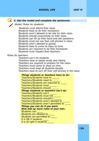 139
UNIT IV
SCHOOL LIFE
4. Use the model and complete the sentences.
Model: Rules for students:
Students must attend their class.
Students have to do their homework.
Students aren’t allowed to be late for their class.
Students should concentrate on their class.
Students can lift up their hand and ask questions.
Students must not use their cell phones in class.
Students aren’t allowed to gossip.
Students have to come to class on time.
Students are required to do their homework.
Students must respect their teachers.
Rules for teachers
Teachers can’t hit students.
Teachers have to speak loudly and clearly.
Teachers are required to prepare for the class.
Teachers must come to class on time.
Teachers must treat all students equally.
Teachers have to turn off their cell phones in the class.
Things students or teachers have to do:
Teachers/Students have to ______
Teachers/Students need to ______
Teachers/Students are required to _____
Teachers/Students must ______
Teachers/Students should ______
Things students or teachers can't do:
Teachers/Students can't ______
Teachers/Students must not ______
Teachers/Students shouldn't ______
Teachers/Students aren't allowed to ______
Teachers/Students aren't permitted to _____
Things you can do if you want.
Now add up more rules of your own.
Students can _____
Students are allowed to _____
Students are permitted to _____
It is OK if students _____
It is all right if students _____
 