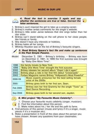 152
UNIT V MUSIC IN OUR LIFE
4. Read the text in exercise 3 again and say
whether the sentences are true or false. Correct the
false sentences.
1. Britney’s aunt inspired the girl to take up a singing career.
2. Britney’s mother writes comments for the singer’s website.
3. Britney’s little sister Jamie believes that she sings better than her
star sister.
4. Britney can’t stand talking on the cell phone to her close people,
like friends or family.
5. She doesn’t have any interests or hobbies.
6. Britney hates all her songs.
7. Whitney Houston was on the list of Britney’s favourite singers.
5. Read Britney Spears’s fact file and make up sentences
in the Past Simple Passive.
Model: December 2, 1981 — Britney’s birthday. — Britney was born
on December 2, 1981. In 1999 the first success was brought
by “Baby One More Time”.
1996 the family moves to New York
1999 “Baby One More Time” brought the first success
2000 Britney releases her second album “Oops! I did it again”
2002 Britney plays a role in her first film debut “Crossroads”
2002 Forbes Magazine names Britney “Hollywood’s Most Powerful”
2008-09
Music experts announce her the best selling female
artist of the 2000s
2005 Britney gives birth to her first son, Sean.
Feb 2005
Britney won her first Grammy for the single “Toxic” as
Best Dance Recording.
Sep 2006 Britney gives birth to her second son, Jayden.
6. Mini project “My Favourite Music Celebrity”.
1. Choose your favourite music celebrity (singer, musician).
2. Find the information about this person.
3. Make notes about his / her life and the path to fame.
4. Find pictures of this person (music and lyrics if it’s a singer, music
pieces if it’s a musician etc).
5. Make a presentation in front of the class about the person you
have chosen. Answer any questions from your classmates.
 