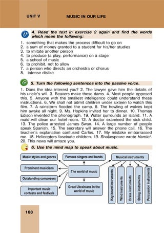 168
UNIT V MUSIC IN OUR LIFE
4. Read the text in exercise 2 again and find the words
which mean the following:
1. something that makes the process difficult to go on
2. a sum of money granted to a student for his/her studies
3. to imitate another person
4. to produce (a play, performance) on a stage
5. a school of music
6. to prohibit, not to allow
7. a person who directs an orchestra or chorus
8. intense dislike
5. Turn the following sentences into the passive voice.
1. Does the idea interest you? 2. The lawyer gave him the details of
his uncle’s will. 3. Beavers make these dams. 4. Most people opposed
this. 5. Anyone with the smallest intelligence could understand these
instructions. 6. We shall not admit children under sixteen to watch this
film. 7. A rainstorm flooded the camp. 8. The howling of wolves kept
him awake all night. 9. Ms. Hopkins invited her to dinner. 10. Thomas
Edison invented the phonograph. 19. Water surrounds an island. 11. A
maid will clean our hotel room. 12. A doctor examined the sick child.
13. The police arrested James Swan. 14. A large number of people
speak Spanish. 15. The secretary will answer the phone call. 16. The
teacher’s explanation confused Carlos. 17. My mistake embarrassed
me. 18. Helicopters fascinate children. 19. Shakespeare wrote Hamlet.
20. This news will amaze you.
6. Use the mind map to speak about music.
 