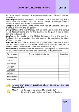 187
UNIT VI
GREAT BRITAIN AND ITS PEOPLE
important port in the past. Now you can find more offices in the port
than ships.
Edinburgh is on the east coast of Scotland. It’s a beautiful city with a
castle and fine streets such as Prince Street. Edinburgh hosts a
festival of music and drama every summer.
Glasgow is on the river Clyde on the west side of Scotland. It has got
a famous museum and art gallery.
Liverpool is on the river Mersey, not far from Manchester. It’s famous
for its football teams and for the Beatles. In the past it was a major
port and industrial city.
London is the capital of the United Kingdom. It’s in the south of
England. It’s an important financial centre. Its population is about
13 million people.
Manchester is in the north-west of England. Like Liverpool it was a
big port and industrial city before. Manchester has got two famous
football teams, Manchester United and Manchester City.
Newcastle is a lively city in the north-east of England. It’s well-known
for art, culture and its nightlife, and of course, its football team.
City’s name Characteristic features Location
Birmingham
Cardiff
Edinburgh
Glasgow
Liverpool
London
Manchester
Newcastle
4. Ask and answer questions about places on the map
(exercise 3).
Model: A: Do you know where Manchester is?
B: Yes, it’s a city in the north-west of England.
 