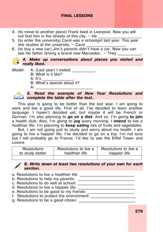 279
FINAL LESSONS
4. (to move to another place) Frank lived in Liverpool. Now you will
not find him in the streets of this city. — He ______________________.
5. (to enter the university) Carol was a schoolgirl last year. This year
she studies at the university. — Carol ____________________.
6. (to buy a new car) Jim’s parents didn’t have a car. Now you can
see his father driving a brand new Mercedes. — They ____________.
4. Make up conversations about places you visited and
really liked.
Model: A: (Last year) I visited ____________.
B: What is it like?
A: It’s ________________.
B: What’s special about it?
A: _____________________________.
5. Read the example of New Year Resolutions and
complete the table after the text.
This year is going to be better than the last year. I am going to
work and live a good life. First of all, I’ve decided to learn another
language. I haven’t decided yet, but maybe it will be French or
German. I’m also planning to go on a diet. And so, I’m going to join
a health club. Also, I’m going to jog every morning. I intend to live a
healthier life. I’m planning to keep eating lots of fruits and vegetables.
But, I am not going just to study and worry about my health. I am
going to live a happier life. I’ve decided to go on a trip. I’m not sure
but I will probably go to France. I’d like to see the Eiffel Tower and
Louvre.
Resolutions
to study better
Resolutions to live a
healthier life
Resolutions to live a
happier life
6. Write down at least two resolutions of your own for each
section.
a. Resolutions to live a healthier life: ____________________________
b. Resolutions to help my parents: _____________________________
c. Resolutions to do well at school: _____________________________
d. Resolutions to live a happier life: _____________________________
e. Resolutions to be good to my friends: ________________________
f. Resolutions to protect the environment: _______________________
g. Resolutions to be a good citizen: _____________________________
 