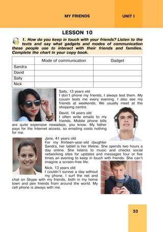 33
UNIT I
MY FRIENDS
LESSON 10
1. How do you keep in touch with your friends? Listen to the
texts and say what gadgets and modes of communication
these people use to interact with their friends and families.
Complete the chart in your copy book.
Mode of communication Gadget
Sandra
David
Sally
Nick
Sally, 13 years old
I don’t phone my friends, I always text them. My
cousin texts me every evening. I also see my
friends at weekends. We usually meet at the
shopping centre.
David, 14 years old
I often write emails to my
friends. Mobile phone bills
are quite expensive nowadays, you know. My father
pays for the Internet access, so emailing costs nothing
for me.
Jane, 41 years old
For my thirteen-year-old daughter
Sandra, her tablet is her lifeline. She spends two hours a
day online. She listens to music and checks social
networking sites for updates and messages four or five
times an evening to keep in touch with friends. She can’t
imagine a screen-free life.
Nick, 13 years old
I couldn’t survive a day without
my phone. I surf the net and
chat on Skype with my friends, both in my home
town and pen friends from around the world. My
cell phone is always with me.
 