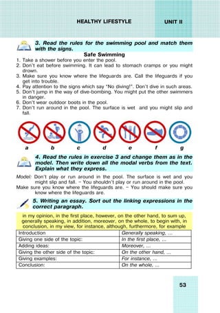 53
UNIT II
HEALTHY LIFESTYLE
3. Read the rules for the swimming pool and match them
with the signs.
Safe Swimming
1. Take a shower before you enter the pool.
2. Don’t eat before swimming. It can lead to stomach cramps or you might
drown.
3. Make sure you know where the lifeguards are. Call the lifeguards if you
get into trouble.
4. Pay attention to the signs which say “No diving!”. Don’t dive in such areas.
5. Don’t jump in the way of dive-bombing. You might put the other swimmers
in danger.
6. Don’t wear outdoor boots in the pool.
7. Don’t run around in the pool. The surface is wet and you might slip and
fall.
a b c d e f g
4. Read the rules in exercise 3 and change them as in the
model. Then write down all the modal verbs from the text.
Explain what they express.
Model: Don’t play or run around in the pool. The surface is wet and you
might slip and fall. — You shouldn’t play or run around in the pool.
Make sure you know where the lifeguards are. — You should make sure you
know where the lifeguards are.
5. Writing an essay. Sort out the linking expressions in the
correct paragraph.
Introduction Generally speaking, …
Giving one side of the topic: In the first place, …
Adding ideas: Moreover, …
Giving the other side of the topic: On the other hand, …
Giving examples: For instance, …
Conclusion: On the whole, …
in my opinion, in the first place, however, on the other hand, to sum up,
generally speaking, in addition, moreover, on the whole, to begin with, in
conclusion, in my view, for instance, although, furthermore, for example
 