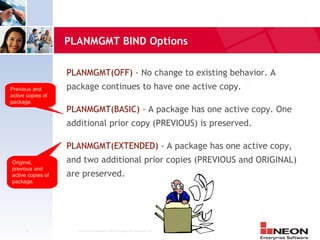 PLANMGMT BIND Options

                   PLANMGMT(OFF) - No change to existing behavior. A
Previous and       package continues to have one active copy.
active copies of
package.
                   PLANMGMT(BASIC) - A package has one active copy. One
                   additional prior copy (PREVIOUS) is preserved.  

                   PLANMGMT(EXTENDED) - A package has one active copy,
Original,          and two additional prior copies (PREVIOUS and ORIGINAL)
previous and
active copies of   are preserved.
package.




      19             Confidential Material of NEON Enterprise Software, Inc.
 