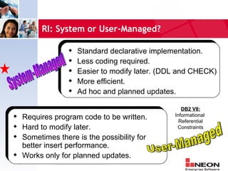 RI: System or User-Managed?

                                 Standard declarative implementation.
                                 Less coding required.
                                 Easier to modify later. (DDL and CHECK)
                                 More efficient.
                                 Ad hoc and planned updates.

                                                                         DB2 V8:
 Requires program code to be written.                                Informational
                                                                        Referential
 Hard to modify later.                                                Constraints

 Sometimes there is the possibility for
  better insert performance.
 Works only for planned updates.
 27         Confidential Material of NEON Enterprise Software, Inc.
 