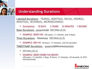 Understanding Durations
     Labeled Durations – YEAR(S), MONTH(S), DAY(S), HOUR(S),
     MINUTE(S), SECOND(S), MICROSECOND(S)
           Example(s):                           10 DAYS            2 YEARS   33 MINUTES   1 SECOND
     Date Durations –yyyymmdd DECIMAL(8,0)
           EXAMPLE: 00201104 (20 years, 11 months, and 4 days)
     Time Durations – hhmmsss DECIMAL(6,0)
           EXAMPLE: 081144 (8 hours, 11 minutes, and 44 seconds)
     TIMESTAMP Durations – yyyyxxddhhmmsszzzzzz
           DECIMAL(20,6)
           EXAMPLE: 00201104081144.004351
            (20 years, 11 months, 4 days, 8 hours, 11 minutes, 44 seconds, & 4351
            microseconds)


35         Confidential Material of NEON Enterprise Software, Inc.
 