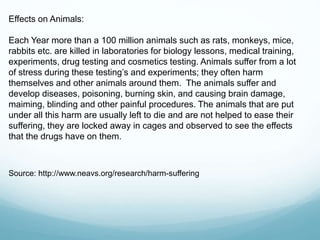 Effects on Animals:
Each Year more than a 100 million animals such as rats, monkeys, mice,
rabbits etc. are killed in laboratories for biology lessons, medical training,
experiments, drug testing and cosmetics testing. Animals suffer from a lot
of stress during these testing’s and experiments; they often harm
themselves and other animals around them. The animals suffer and
develop diseases, poisoning, burning skin, and causing brain damage,
maiming, blinding and other painful procedures. The animals that are put
under all this harm are usually left to die and are not helped to ease their
suffering, they are locked away in cages and observed to see the effects
that the drugs have on them.
Source: http://www.neavs.org/research/harm-suffering
 