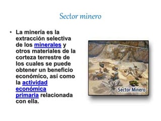 Sector minero
• La minería es la
extracción selectiva
de los minerales y
otros materiales de la
corteza terrestre de
los cuales se puede
obtener un beneficio
económico, así como
la actividad
económica
primaria relacionada
con ella.
 