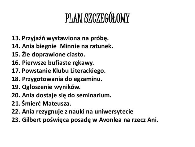 Plan Wydarzeń Ania Z Zielonego Wzgórza 25 Punktów www.slideshare.net