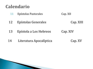 11 Epístolas Pastorales Cap. XII
12 Epístolas Generales Cap. XIII
13 Epístola a Los Hebreos Cap. XIV
14 Literatura Apocalíptica Cap. XV
 