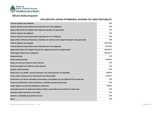 Total de Ingresos 2da categoría 0,00
Total de Gastos (incluye deducciones especiales de la 2da categoría) 0,00
Ingreso Neto Renta de Capitales (2da categoría impuesto a la ganancias) 0,00
Total de ingresos 3ra categoría 0,00
Total de Gastos (incluye deducciones especiales de la 3ra categoría) 0,00
Ingreso Neto de Renta de Empresas y Auxiliares de Comercio (3ra categoría impuesto a las ganancias) 0,00
Total de Ingresos 4ta categoría 1.301.764,62
Total de Gastos (incluye deducciones especiales de la 4ta categoría) 95.319,52
Ingreso Neto Renta del Trabajo Personal (4ta categoría impuesto a las ganancias) 1.206.445,10
Total Ingreso Neto de las 4 categorías 1.206.445,10
Desgravaciones 0,00
Deducciones generales 63.595,23
Seguro de vida (con límite de monto máximo) 0,00
Gastos de sepelio (con límite de monto máximo) 0,00
Aportes a obras sociales 0,00
Deducciones Ley 26.083 - Servicio doméstico (con límite ganancia no imponible) 15.552,00
Cuota médico asistencial (con limite del 5% de la Renta Neta) 38.453,71
Donaciones a los fiscos nacionales, provinciales y municipales, etc.(con límite del 5% de renta neta 0,00
Fondos de jubilaciones, retiros, pensiones o subsidios (excepto autónomos) 0,00
Pagos regimen nacional de trabajadores autónomos 9.589,52
Honorarios servicio de asistencia sanitaria medica y paramedica (con limite 5% de renta neta) 0,00
Intereses crédito hipotecario (con límite) 0,00
Aportes a sociedades de garantía reciproca 0,00
Otros 0,00
Página 5 de 6Fecha de Emisión: 24/05/2016 14:57:35 v: 104
Oficina Anticorrupción
DECLARACION JURADA PATRIMONIAL INTEGRAL DE CARACTER PUBLICO
 
