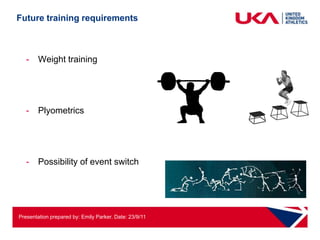 Future training requirements



   -    Weight training




   -    Plyometrics




   -    Possibility of event switch




Presentation prepared by: Emily Parker. Date: 23/9/11
 