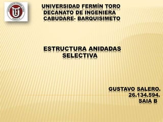 UNIVERSIDAD FERMÍN TORO
DECANATO DE INGENIERA
CABUDARE- BARQUISIMETO
ESTRUCTURA ANIDADAS
SELECTIVA
GUSTAVO SALERO.
26.134.594.
SAIA B
 