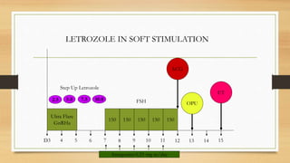150 150
Ultra Flare
GnRHa
150150
hCG
2.5 5.0 7.5 10.0
D3 4 5 6 7 8 9 10 11 12 13 14 15
Step Up Letrozole
FSH
Antagonist 0.25 mg sc/day
OPU
ET
LETROZOLE IN SOFT STIMULATION
150
 