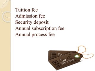 Tuition fee
Admission fee
Security deposit
Annual subscription fee
Annual process fee
 