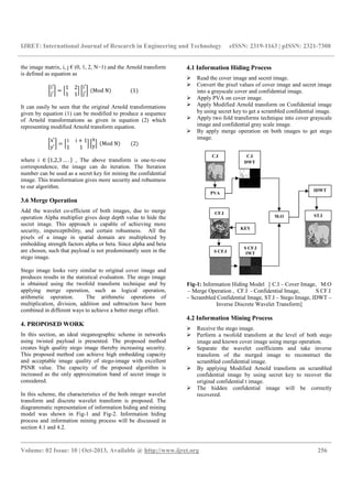 IJRET: International Journal of Research in Engineering and Technology eISSN: 2319-1163 | pISSN: 2321-7308
__________________________________________________________________________________________
Volume: 02 Issue: 10 | Oct-2013, Available @ http://www.ijret.org 256
the image matrix, i, j € (0, 1, 2, N−1) and the Arnold transform
is defined as equation as
i′
j′
=
1 2
1 1
i′
j′
Mod N 1
It can easily be seen that the original Arnold transformations
given by equation (1) can be modified to produce a sequence
of Arnold transformations as given in equation (2) which
representing modified Arnold transform equation.
x′
y′
=
i i + 1
1 1
x
y Mod N 2
where i ∈ 1,2,3 … . , The above transform is one-to-one
correspondence, the image can do iteration. The Iteration
number can be used as a secret key for mining the confidential
image. This transformation gives more security and robustness
to our algorithm.
3.6 Merge Operation
Add the wavelet co-efficient of both images, due to merge
operation Alpha multiplier gives deep depth value to hide the
secret image. This approach is capable of achieving more
security, imperceptibility, and certain robustness. All the
pixels of a image in spatial domain are multiplexed by
embedding strength factors alpha or beta. Since alpha and beta
are chosen, such that payload is not predominantly seen in the
stego image.
Stego image looks very similar to original cover image and
produces results in the statistical evaluation. The stego image
is obtained using the twofold transform technique and by
applying merge operation, such as logical operation,
arithmetic operation. The arithmetic operations of
multiplication, division, addition and subtraction have been
combined in different ways to achieve a better merge effect.
4. PROPOSED WORK
In this section, an ideal steganographic scheme in networks
using twisted payload is presented. The proposed method
creates high quality stego image thereby increasing security.
This proposed method can achieve high embedding capacity
and acceptable image quality of stego-image with excellent
PSNR value. The capacity of the proposed algorithm is
increased as the only approximation band of secret image is
considered.
In this scheme, the characteristics of the both integer wavelet
transform and discrete wavelet transform is proposed. The
diagrammatic representation of information hiding and mining
model was shown in Fig-1 and Fig-2. Information hiding
process and information mining process will be discussed in
section 4.1 and 4.2.
4.1 Information Hiding Process
Read the cover image and secret image.
Convert the pixel values of cover image and secret image
into a grayscale cover and confidential image.
Apply PVA on cover image.
Apply Modified Arnold transform on Confidential image
by using secret key to get a scrambled confidential image.
Apply two fold transforms technique into cover grayscale
image and confidential gray scale image.
By apply merge operation on both images to get stego
image.
Fig-1: Information Hiding Model [ C.I – Cover Image, M.O
– Merge Operation , CF.I - Confidential Image, S CF.I
– Scrambled Confidential Image, ST.I – Stego Image, IDWT –
Inverse Discrete Wavelet Transform]
4.2 Information Mining Process
Receive the stego image.
Perform a twofold transform at the level of both stego
image and known cover image using merge operation.
Separate the wavelet coefficients and take inverse
transform of the merged image to reconstruct the
scrambled confidential image.
By applying Modified Arnold transform on scrambled
confidential image by using secret key to recover the
original confidential t image.
The hidden confidential image will be correctly
recovered.
C.I
M.O
IDWT
S CF.I
C.I
DWT
S CF.I
IWT
ST.I
PVA
CF.I
KEY
 