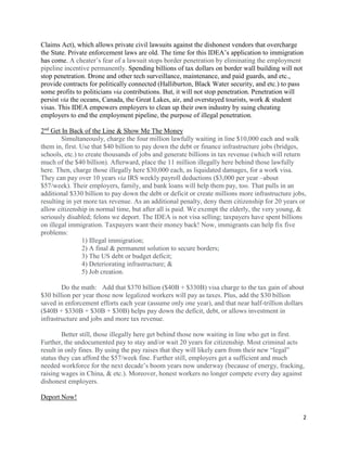 2
Claims Act), which allows private civil lawsuits against the dishonest vendors that overcharge
the State. Private enforcement laws are old. The time for this IDEA’s application to immigration
has come. A cheater’s fear of a lawsuit stops border penetration by eliminating the employment
pipeline incentive permanently. Spending billions of tax dollars on border wall building will not
stop penetration. Drone and other tech surveillance, maintenance, and paid guards, and etc.,
provide contracts for politically connected (Halliburton, Black Water security, and etc.) to pass
some profits to politicians via contributions. But, it will not stop penetration. Penetration will
persist via the oceans, Canada, the Great Lakes, air, and overstayed tourists, work & student
visas. This IDEA empowers employers to clean up their own industry by suing cheating
employers to end the employment pipeline, the purpose of illegal penetration.
2nd
Get In Back of the Line & Show Me The Money
Simultaneously, charge the four million lawfully waiting in line $10,000 each and walk
them in, first. Use that $40 billion to pay down the debt or finance infrastructure jobs (bridges,
schools, etc.) to create thousands of jobs and generate billions in tax revenue (which will return
much of the $40 billion). Afterward, place the 11 million illegally here behind those lawfully
here. Then, charge those illegally here $30,000 each, as liquidated damages, for a work visa.
They can pay over 10 years via IRS weekly payroll deductions ($3,000 per year –about
$57/week). Their employers, family, and bank loans will help them pay, too. That pulls in an
additional $330 billion to pay down the debt or deficit or create millions more infrastructure jobs,
resulting in yet more tax revenue. As an additional penalty, deny them citizenship for 20 years or
allow citizenship in normal time, but after all is paid. We exempt the elderly, the very young, &
seriously disabled; felons we deport. The IDEA is not visa selling; taxpayers have spent billions
on illegal immigration. Taxpayers want their money back! Now, immigrants can help fix five
problems:
1) Illegal immigration;
2) A final & permanent solution to secure borders;
3) The US debt or budget deficit;
4) Deteriorating infrastructure; &
5) Job creation.
Do the math: Add that $370 billion ($40B + $330B) visa charge to the tax gain of about
$30 billion per year those now legalized workers will pay as taxes. Plus, add the $30 billion
saved in enforcement efforts each year (assume only one year), and that near half-trillion dollars
($40B + $330B + $30B + $30B) helps pay down the deficit, debt, or allows investment in
infrastructure and jobs and more tax revenue.
Better still, those illegally here get behind those now waiting in line who get in first.
Further, the undocumented pay to stay and/or wait 20 years for citizenship. Most criminal acts
result in only fines. By using the pay raises that they will likely earn from their new “legal”
status they can afford the $57/week fine. Further still, employers get a sufficient and much
needed workforce for the next decade’s boom years now underway (because of energy, fracking,
raising wages in China, & etc.). Moreover, honest workers no longer compete every day against
dishonest employers.
Deport Now!
 