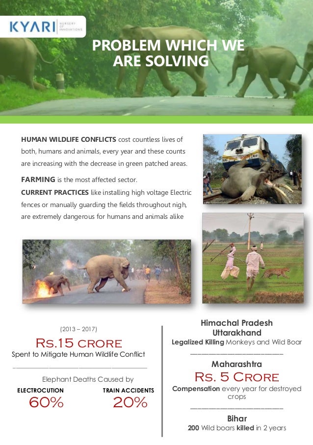 HUMAN WILDLIFE CONFLICTS cost countless lives of
both, humans and animals, every year and these counts
are increasing with the decrease in green patched areas.
FARMING is the most affected sector.
CURRENT PRACTICES like installing high voltage Electric
fences or manually guarding the fields throughout nigh,
are extremely dangerous for humans and animals alike
(2013 – 2017)
Rs.15 crore
Spent to Mitigate Human Wildlife Conflict
_____________________________________________
Elephant Deaths Caused by
ELECTROCUTION TRAIN ACCIDENTS
60% 20%
Himachal Pradesh
Uttarakhand
Legalized Killing Monkeys and Wild Boar
Maharashtra
Rs. 5 Crore
Compensation every year for destroyed
crops
Bihar
200 Wild boars killed in 2 years
 