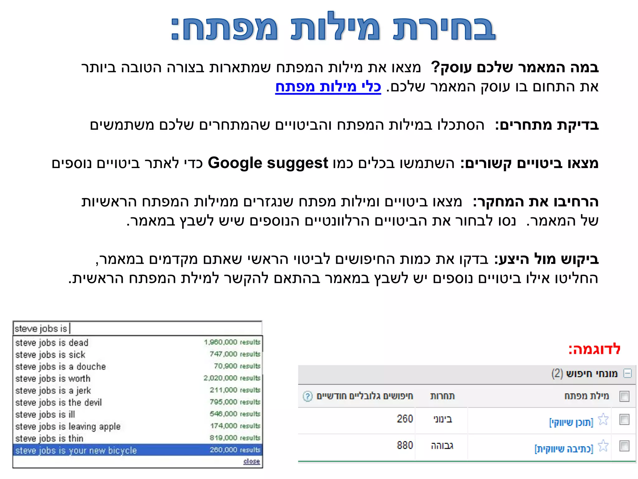 ‫עוסק‬ ‫שלכם‬ ‫המאמר‬ ‫במה‬?‫ביותר‬ ‫הטובה‬ ‫בצורה‬ ‫שמתארות‬ ‫המפתח‬ ‫מילות‬ ‫את‬ ‫מצאו‬
‫שלכם‬ ‫המאמר‬ ‫עוסק‬ ‫בו‬ ‫התחום‬ ‫את‬.‫מפתח‬ ‫מילות‬ ‫כלי‬
‫מתחרים‬ ‫בדיקת‬:‫משתמשים‬ ‫שלכם‬ ‫שהמתחרים‬ ‫והביטויים‬ ‫המפתח‬ ‫במילות‬ ‫הסתכלו‬
‫קשורים‬ ‫ביטויים‬ ‫מצאו‬:‫כמו‬ ‫בכלים‬ ‫השתמשו‬Google suggest‫נוספים‬ ‫ביטויים‬ ‫לאתר‬ ‫כדי‬
‫המחקר‬ ‫את‬ ‫הרחיבו‬:‫הראשיות‬ ‫המפתח‬ ‫ממילות‬ ‫שנגזרים‬ ‫מפתח‬ ‫ומילות‬ ‫ביטויים‬ ‫מצאו‬
‫המאמר‬ ‫של‬.‫במאמר‬ ‫לשבץ‬ ‫שיש‬ ‫הנוספים‬ ‫הרלוונטיים‬ ‫הביטויים‬ ‫את‬ ‫לבחור‬ ‫נסו‬.
‫היצע‬ ‫מול‬ ‫ביקוש‬:‫במאמר‬ ‫מקדמים‬ ‫שאתם‬ ‫הראשי‬ ‫לביטוי‬ ‫החיפושים‬ ‫כמות‬ ‫את‬ ‫בדקו‬,
‫הראשית‬ ‫המפתח‬ ‫למילת‬ ‫להקשר‬ ‫בהתאם‬ ‫במאמר‬ ‫לשבץ‬ ‫יש‬ ‫נוספים‬ ‫ביטויים‬ ‫אילו‬ ‫החליטו‬.
‫לדוגמה‬:
 