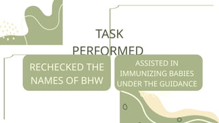 TASK
PERFORMED
RECHECKED THE
NAMES OF BHW
ASSISTED IN
IMMUNIZING BABIES
UNDER THE GUIDANCE
OF BHWs.
 