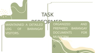 TASK
PERFORMED
MAINTAINED A DETAILED
LOG OF BARANGAY
VISITORS.
ORGANIZED AND
PREPARED BARANGAY
DOCUMENTS FOR
MUNICIPAL
SUBMISSION.
 