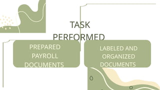 TASK
PERFORMED
PREPARED
PAYROLL
DOCUMENTS
LABELED AND
ORGANIZED
DOCUMENTS
 