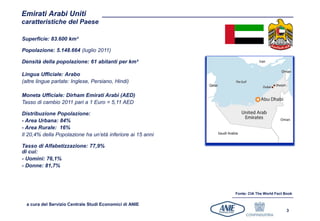 Emirati Arabi Uniti
caratteristiche del Paese

Superficie: 83.600 km²

Popolazione: 5.148.664 (luglio 2011)

Densità della popolazione: 61 abitanti per km²

Lingua Ufficiale: Arabo
(altre lingue parlate: Inglese, Persiano, Hindi)

Moneta Ufficiale: Dirham Emirati Arabi (AED)
Tasso di cambio 2011 pari a 1 Euro = 5,11 AED

Distribuzione Popolazione:
- Area Urbana: 84%
- Area Rurale: 16%
Il 20,4% della Popolazione ha un’età inferiore ai 15 anni

Tasso di Alfabetizzazione: 77,9%
di cui:
- Uomini: 76,1%
- Donne: 81,7%




                                                            Fonte: CIA The World Fact Book

  a cura del Servizio Centrale Studi Economici di ANIE
                                                                                       3
 