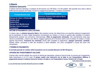 Libano
 sistema bancario
 Il settore bancario libanese è costituito da 65 banche con 790 filiali e 15.100 addetti. 454 sportelli sono attivi a Beirut.
 Delle banche presenti nel Paese, 45 sono a maggioranza libanese, 11 araba e 9 straniera.
                                                        Principali Banche estere
        Principali Banche locali
                                              American Express International Bank
  Banque du Liban e d'Outre-Mer               Arab Bank Limited
  Banque Audi
  Byblos Bank
  Banque de la Mediterranée
  Banque Libano Française
  Fransabank
 SISTEMI DI PAGAMENTO CON L’ESTERO
 In Libano vige un sistema bancario libero. Non esistono norme che determinino uno specifico sistema di pagamento
 per le transazioni di merci. Nelle transazioni commerciali con l’estero, si ricorre in genere alle modalità e ai sistemi
 abitualmente praticati nel commercio internazionale. Oltre al pagamento anticipato, che naturalmente evita ogni
 rischio di insolvibilità, i sistemi che offrono maggiori garanzie per il fornitore estero sono la lettera di credito e il Cash
 against Documents. Frequenti ma rischiose anche altre modalità di pagamento: assegni personali, cambiali.
 Queste ultime, concesse a volte dal venditore a clienti affidabili, non sono consigliabili a causa dei rischi che
 comportano.
 I TERMINI DI PAGAMENTO
 Il normale periodo di credito nelle transazioni con le società libanesi è di 60-120 giorni.
 I RITARDI NEI TRASFERIMENTI VALUTARI
 Il tempo oltre i termini stabiliti che occorre al cliente per depositare, presso la banca locale, le somme per il pagamento
 delle importazioni è di 2-3 mesi. Il tempo medio che intercorre tra la data in cui l’importatore effettua il
 pagamento presso il sistema bancario locale e la data in cui l’esportatore riceve i fondi è di 1-2 mesi.
                                                                                                   Fonte: Banca Centrale del Libano

a cura del Servizio Centrale Studi Economici di ANIE
                                                                                                                                22
 