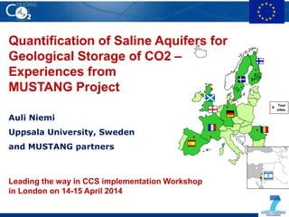 Quantification of Saline Aquifers for
Geological Storage of CO2 –
Experiences from
MUSTANG Project
Auli Niemi
Uppsala University, Sweden
and MUSTANG partners
Leading the way in CCS implementation Workshop
in London on 14-15 April 2014
Test
sites
 